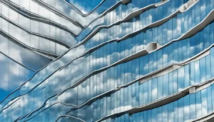 Fachada de um edifício moderno em Cotia com insulfilm espelhado refletindo o céu e nuvens.