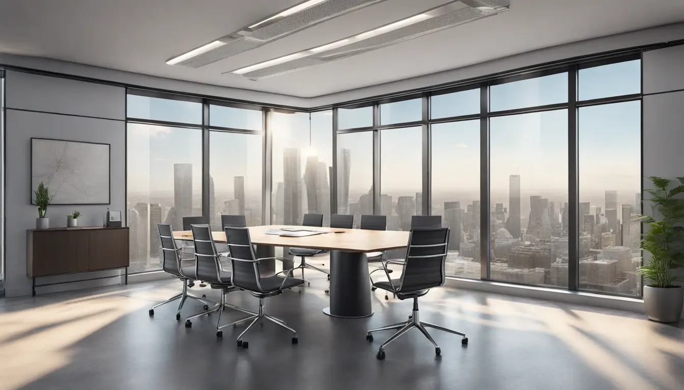 Sala de reuniões moderna com janelas de vidro grandes e vista para a cidade ao fundo.